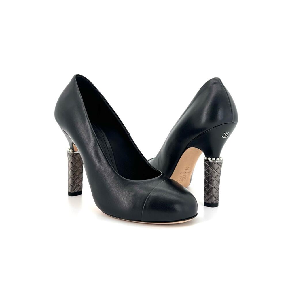 CHANEL Black Leather Quilted Heel Pumps with Pearl Accent